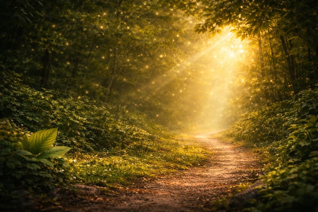Enchanted forest path with golden light